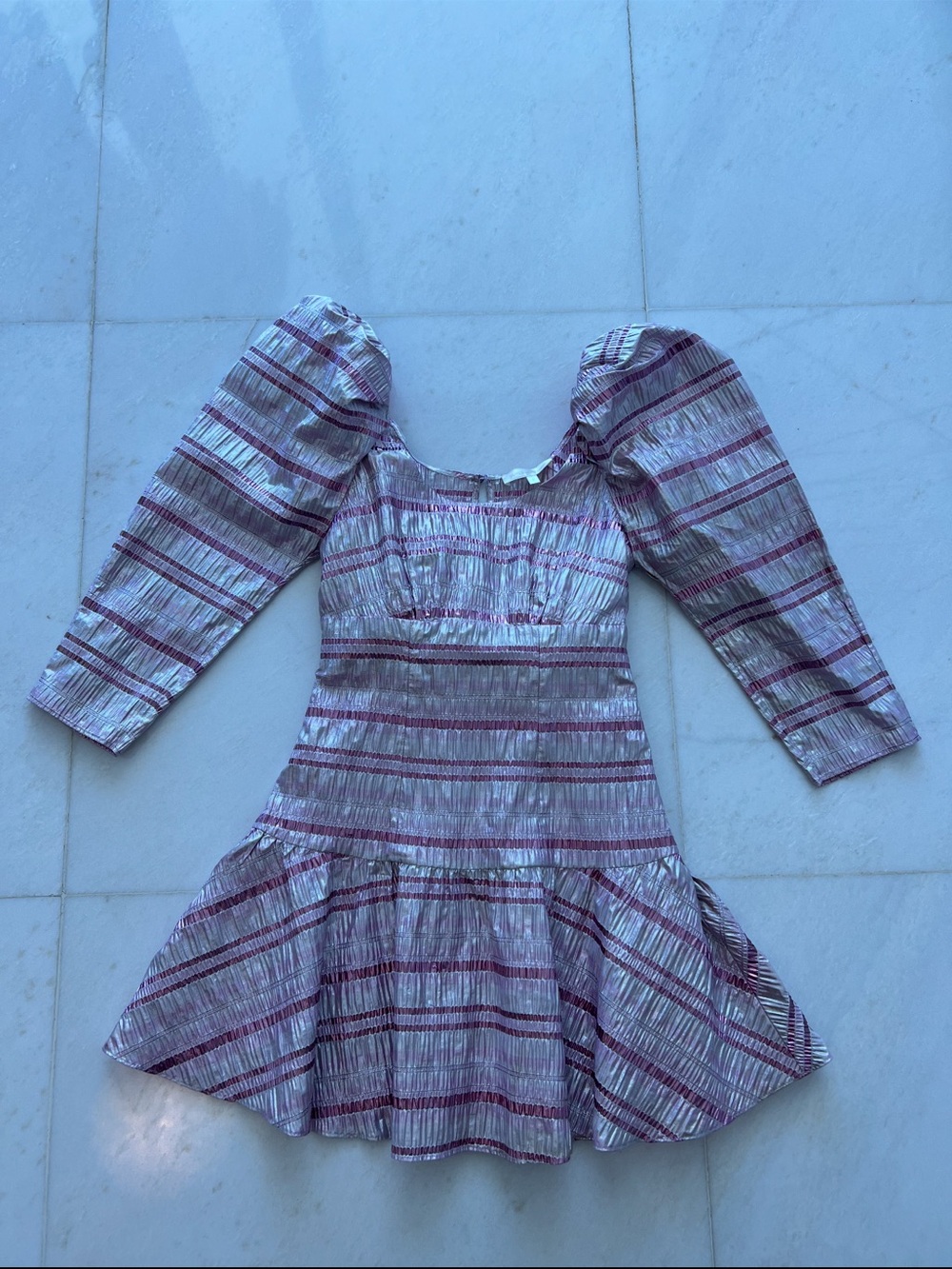 LoveShackFancy Aninna Mini Dress in a pink metallic striped fabric.